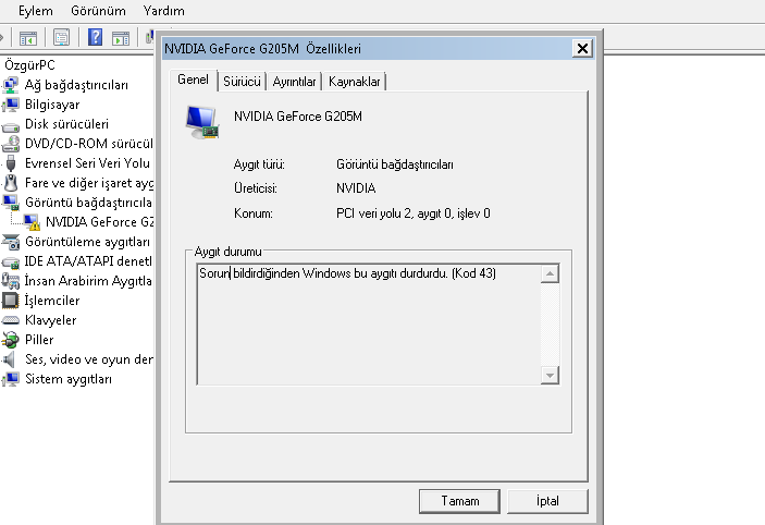 ekran karti hatasi bu aygiti durdurdu kod 43 cozumu
