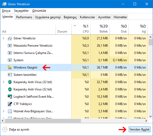 gorev yoneticisi ile dosya gezginini yeniden baslat