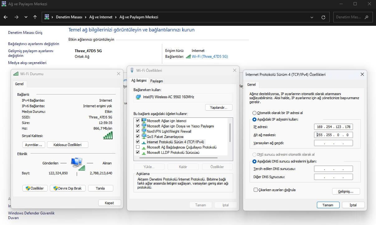 Windows manuel IP adresi degistirme