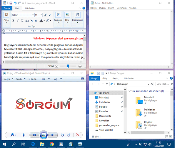 Windows Ekranı İkiye Bölme: İki Uygulamayı Yan Yana Kullanın 7 pencereler yanyana siralandi