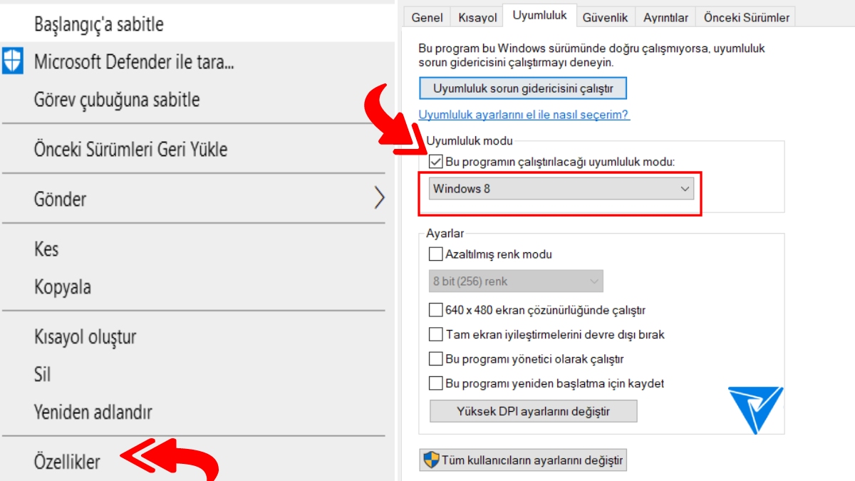 programi uyumluluk modunu calistirma