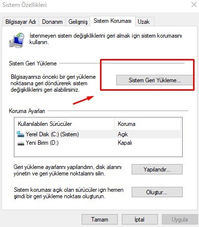 Windows 10 Geri Yükleme Noktası Oluşturma ve Kullanma 6 sistem geri yukleme 7nsf