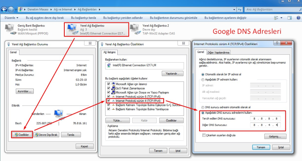 Güvenli İnternet: Yasaklı Sitelere Giriş DNS Ayarları Windows 10! 6 8.8 8.8 ve 8.8 4.4
